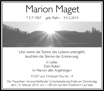 Traueranzeige von Marion Maget von Pegnitz-Zeitung